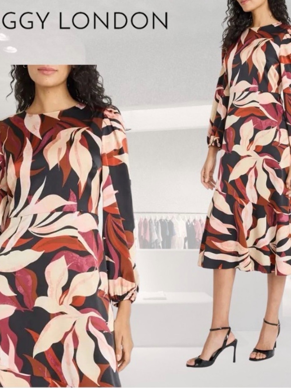 Maggy London Black Midi Dress with Pink, Rust & Cream Leaf Print